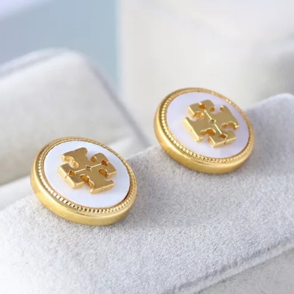 Tory Burch Gold & White Logo M. O. Pearl Earrings - Picture 2 of 6